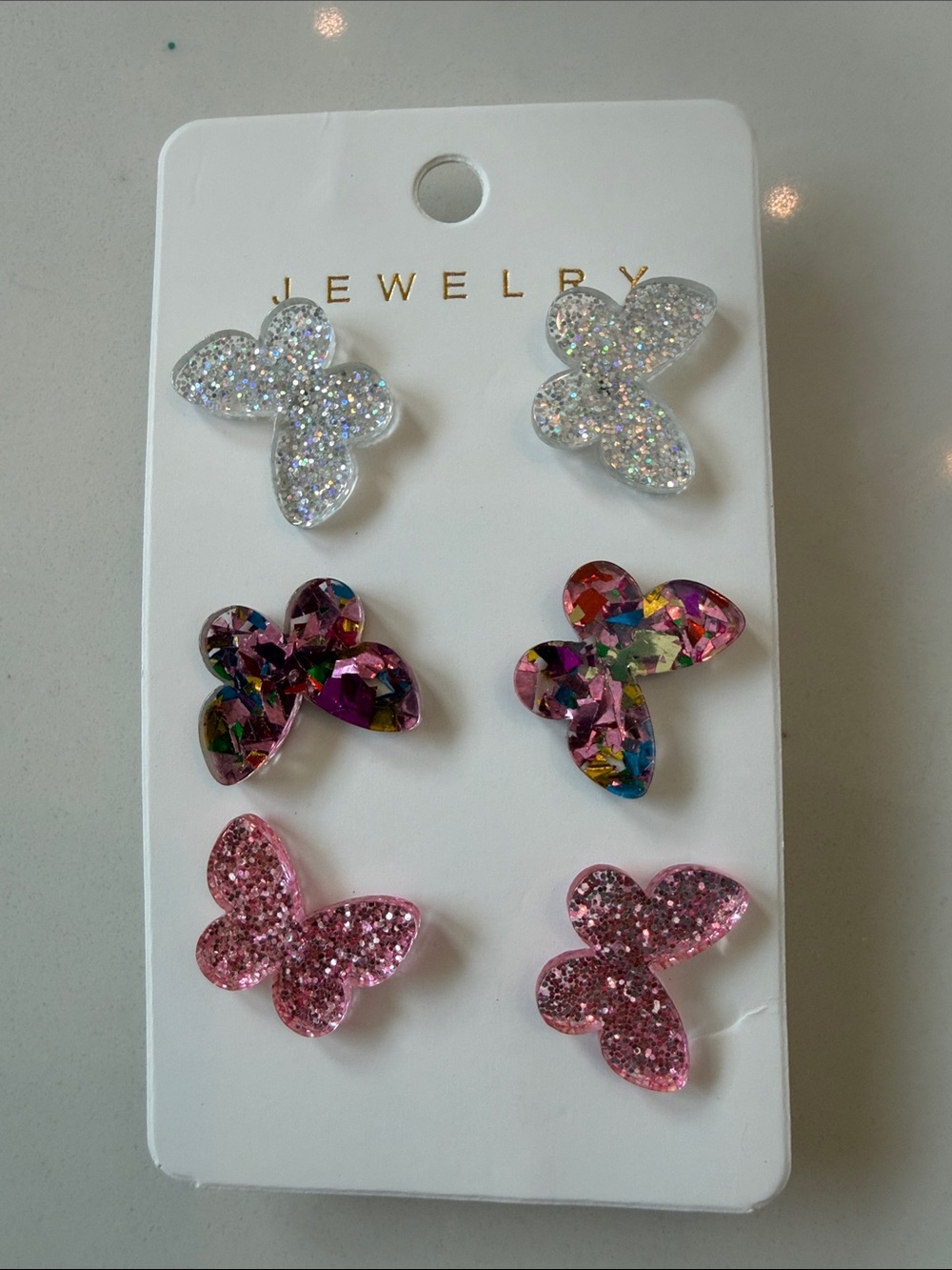 Kids Glitter Butterfly Stud Earring Set - Pink, White, Multi